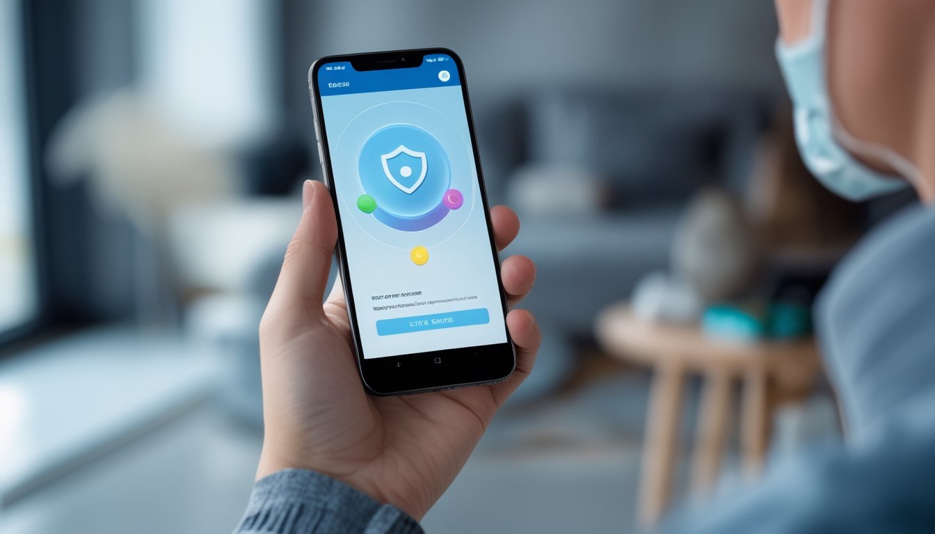 Seseorang menggunakan ponsel dengan tampilan permainan digital abstrak dan ikon perisai keamanan.