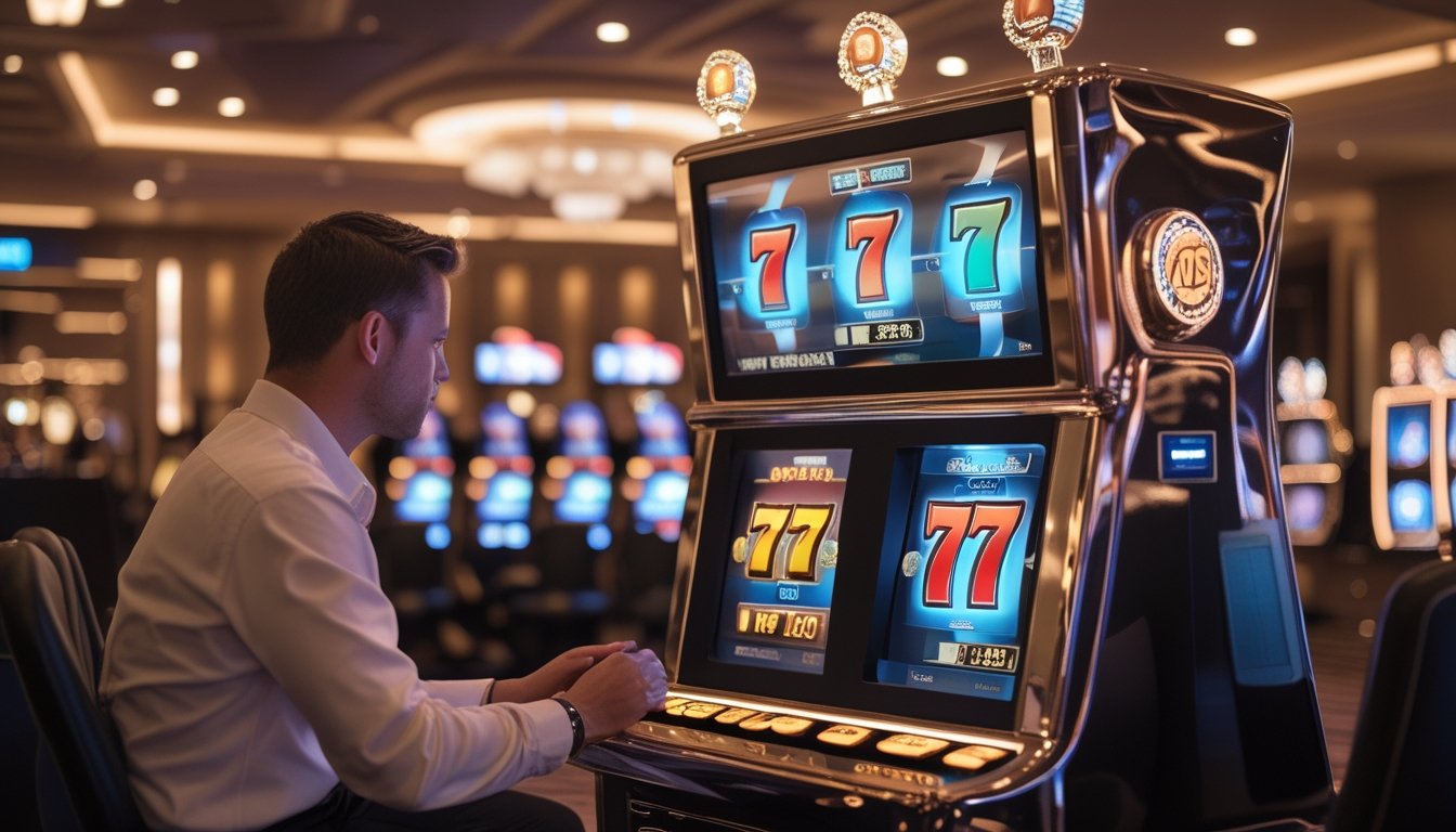 Seseorang mengamati mesin slot 777 Deluxe di dalam kasino dengan sikap tenang dan penuh pertimbangan.