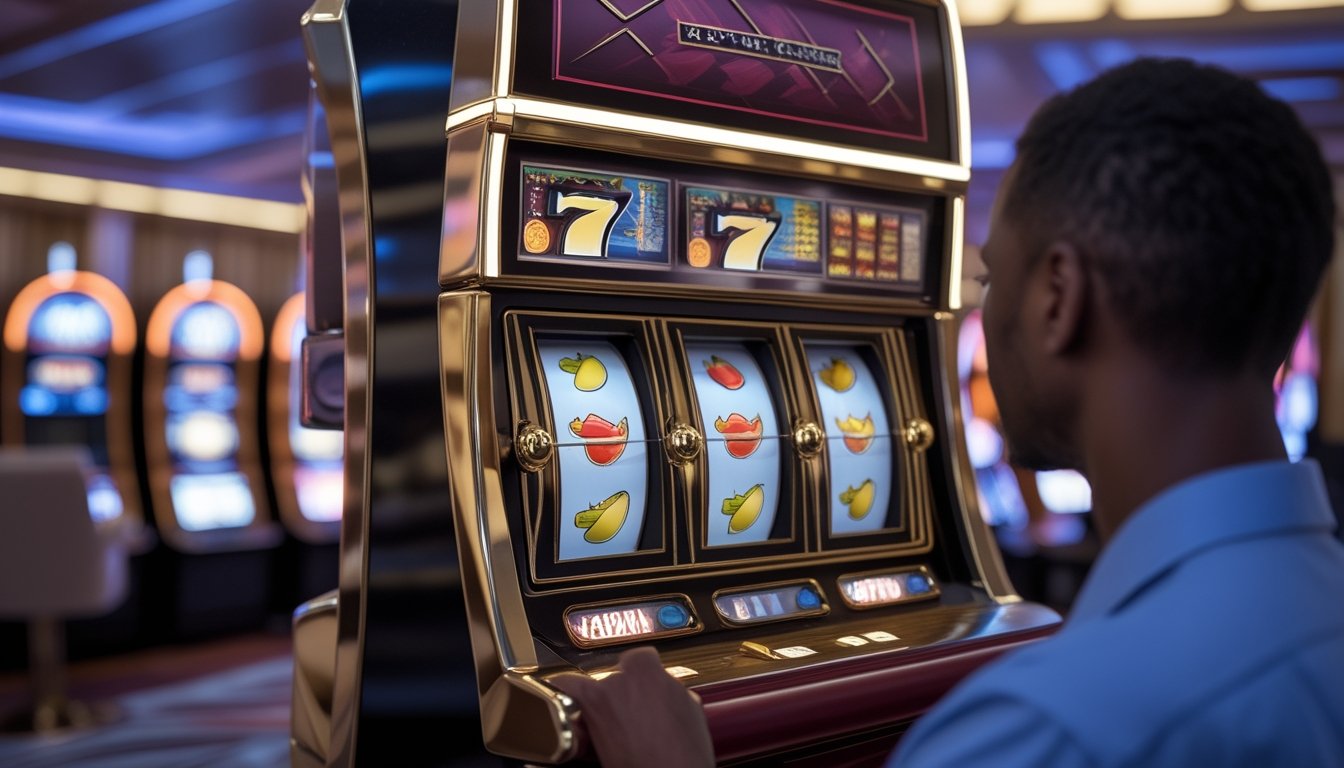 Seorang pemain dewasa mengamati mesin slot 777 Deluxe di ruang hiburan dengan suasana elegan.