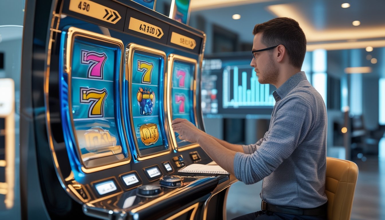 Seseorang mengamati mesin slot modern dengan tampilan grafik analisis abstrak di ruang permainan yang rapi.