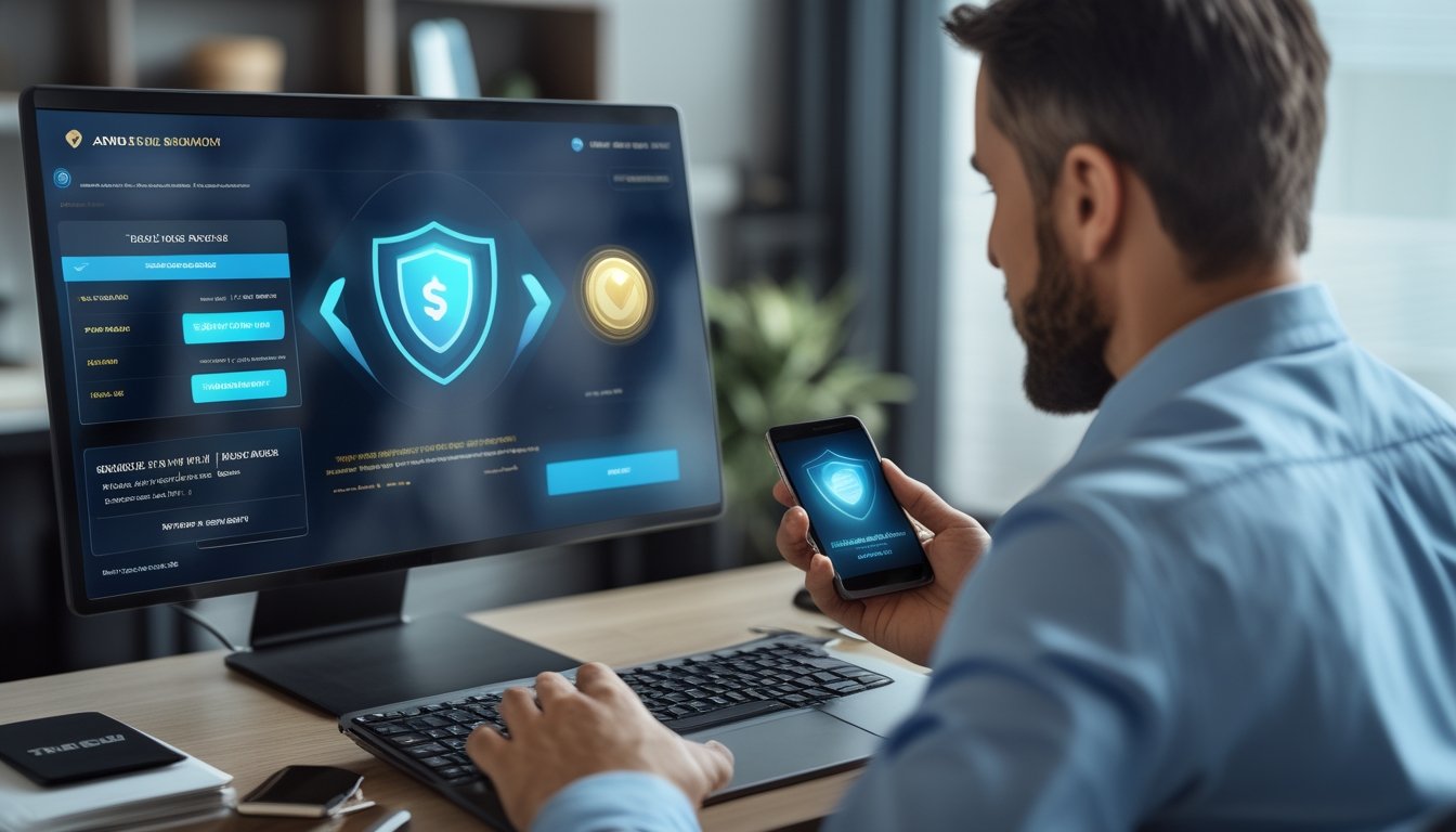 Seseorang menggunakan laptop dan ponsel untuk melakukan penarikan dana digital yang aman.
