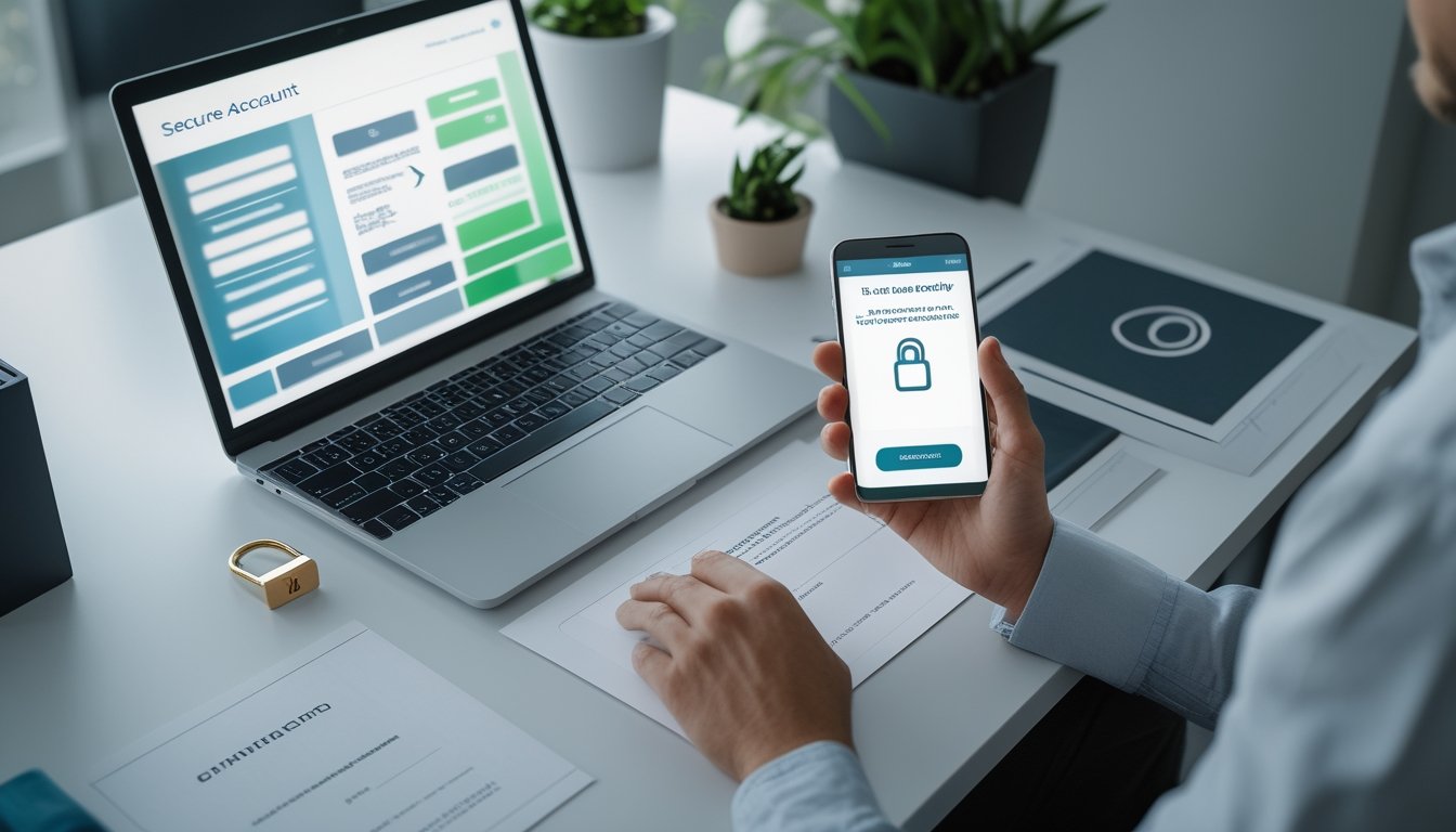 Seseorang menyiapkan dokumen identitas dan memeriksa akun digital di meja kerja untuk proses penarikan dana yang aman.