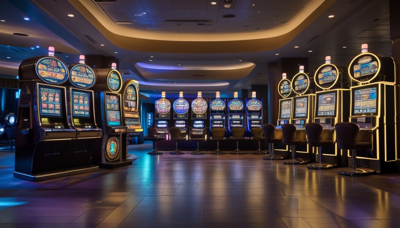 Deretan mesin slot dari model mekanis klasik hingga mesin deluxe modern di lingkungan kasino elegan.