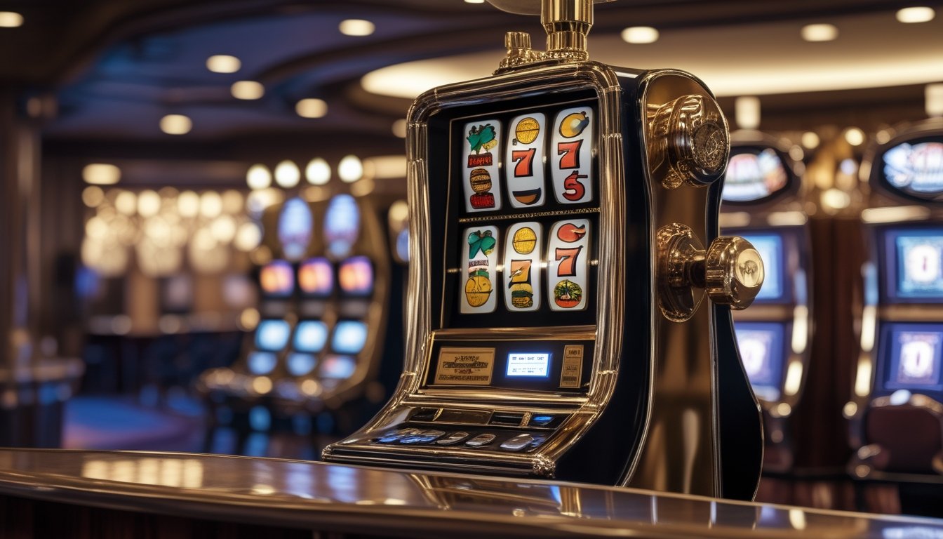 Mesin slot klasik berdiri di interior kasino bernuansa vintage dengan latar mesin modern yang mewah.