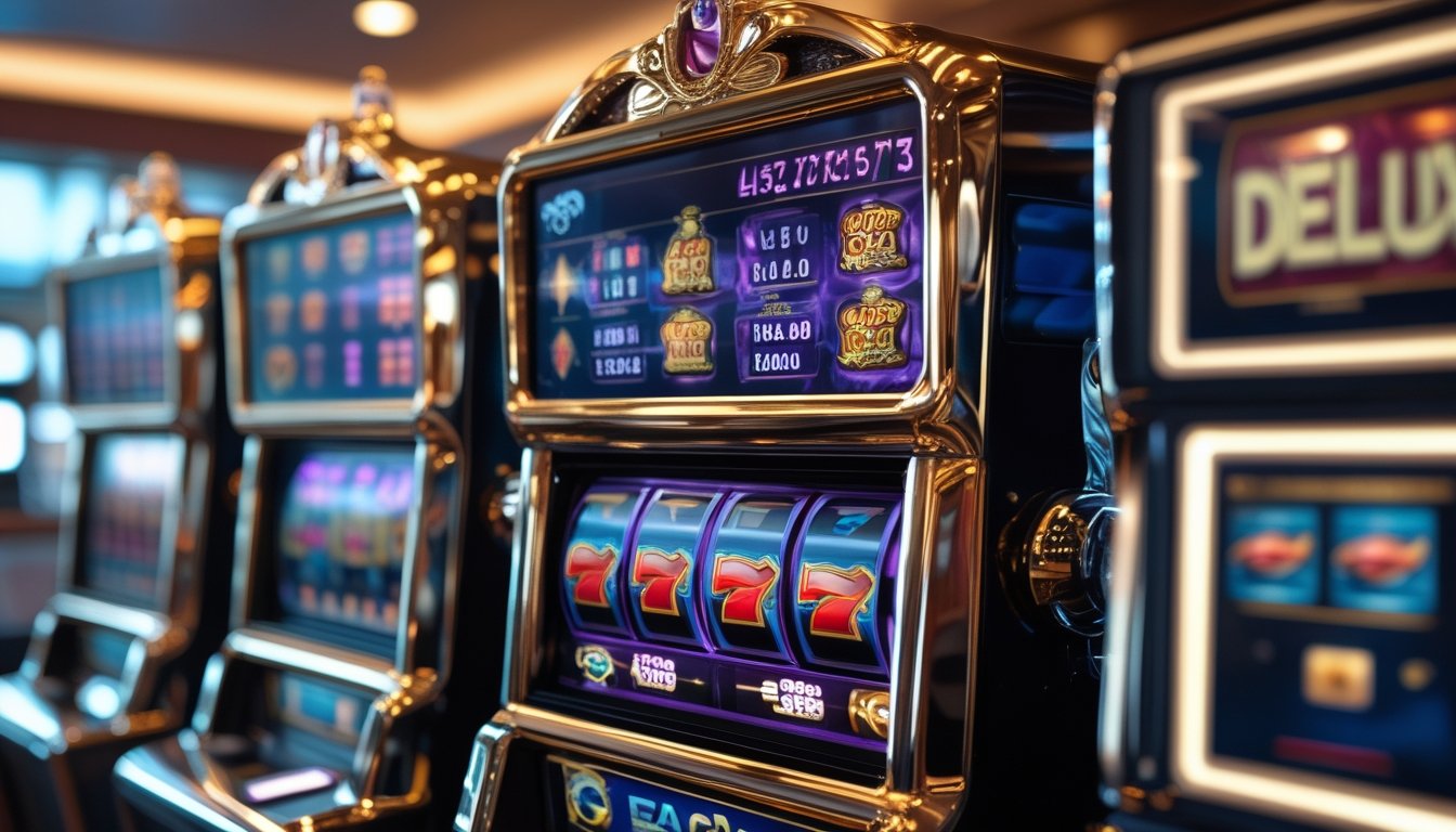 Deretan mesin slot digital bertema mewah yang menampilkan berbagai fitur permainan dalam suasana kasino modern.