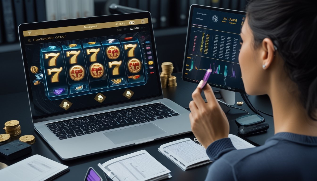 Seseorang menganalisis tampilan permainan slot digital dan grafik data di meja kerja.