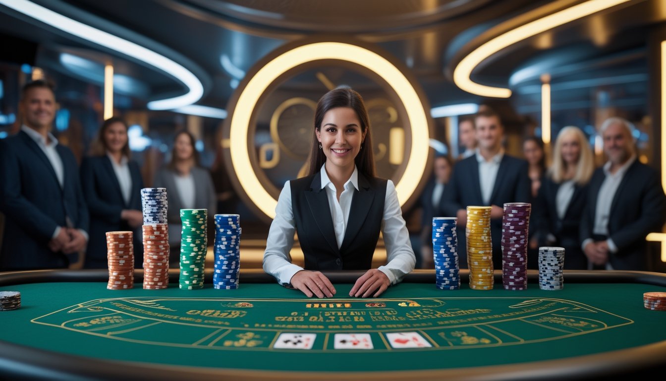 Dealer kasino memandu permainan langsung di meja dengan kartu, roda roulette, dan keping kasino.