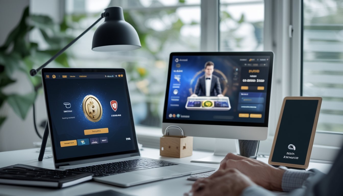 Orang dewasa menggunakan laptop untuk bermain kasino daring dengan dompet kripto, kunci keamanan, dan catatan anggaran di meja.