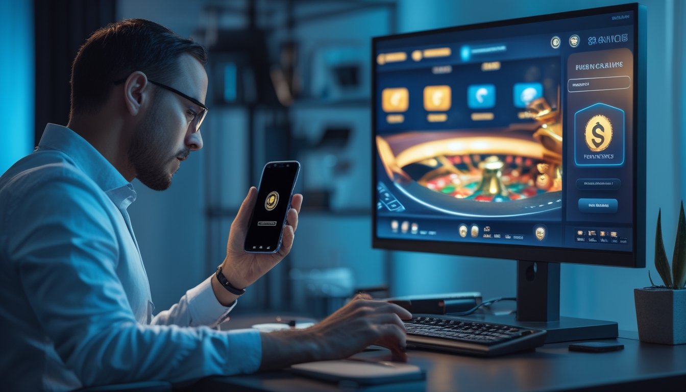 Pemain dewasa memeriksa sesi kasino langsung dan dompet mata uang kripto dengan fitur keamanan di meja kerja modern.