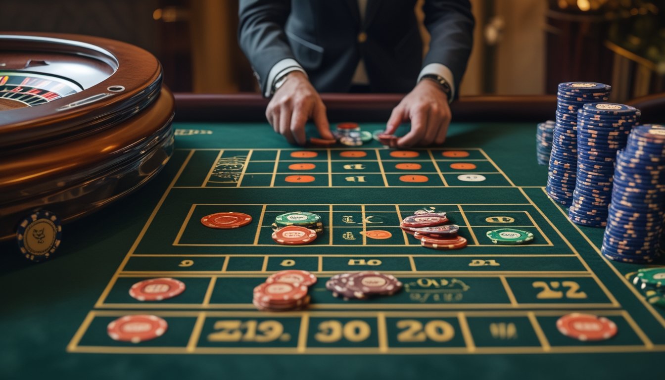 Pemain mengamati roda roulette, tata letak taruhan, dan tumpukan chip di meja kasino dengan dealer di sisi meja.