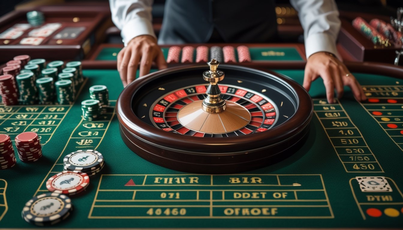 Roda roulette langsung dengan keping taruhan tersusun di atas meja kasino.