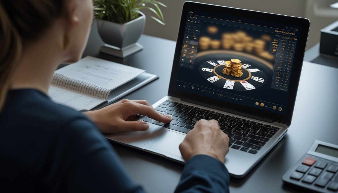 Seorang pemain mempelajari permainan baccarat online dengan tumpukan chip yang meningkat di meja kerja.