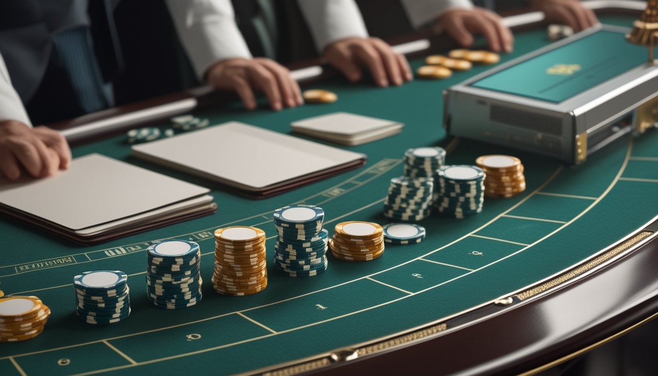 Meja baccarat dengan kartu, tumpukan chip yang meningkat bertahap, dan perangkat digital yang menampilkan permainan tanpa teks.