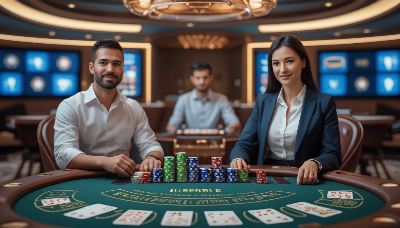 Suasana kasino live dengan dealer dan pemain dewasa di meja permainan, dilengkapi kartu, roda roulette, dan keping taruhan.