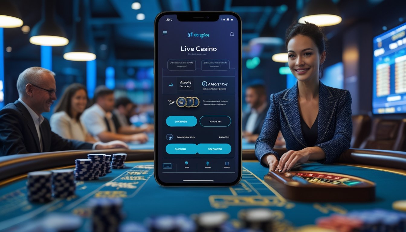 Dealer perempuan melayani permainan roulette di ruang kasino modern dengan laptop dan ponsel di latar depan.