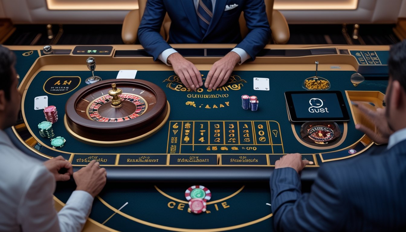 Dealer profesional memandu permainan kasino langsung di meja dengan kartu, roda roulette, chip, dan dadu.