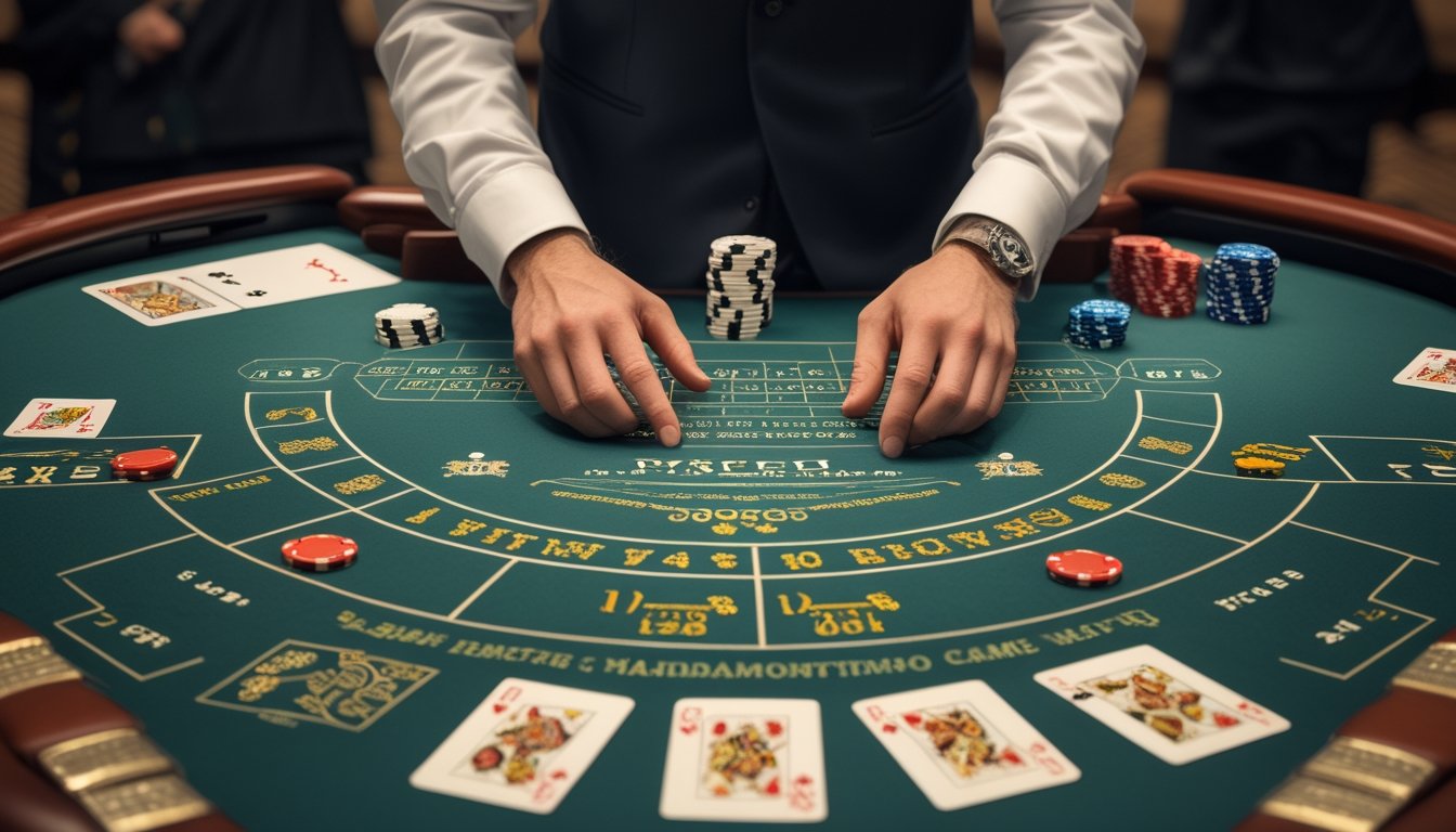 Dealer menjelaskan permainan di meja kasino dengan kartu, chip, dan perlengkapan roulette.
