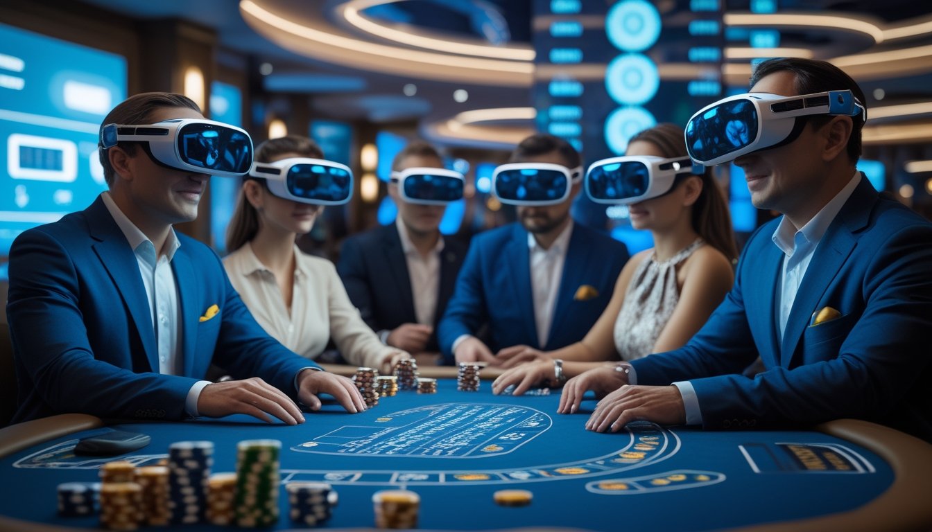 Beberapa orang dewasa menggunakan headset realitas virtual di kasino futuristik sambil berinteraksi dengan dealer langsung.