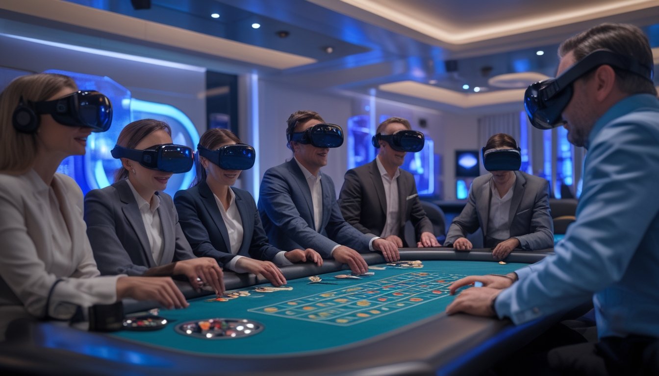 Sekelompok orang dewasa menggunakan headset realitas virtual di ruang permainan kasino futuristik.