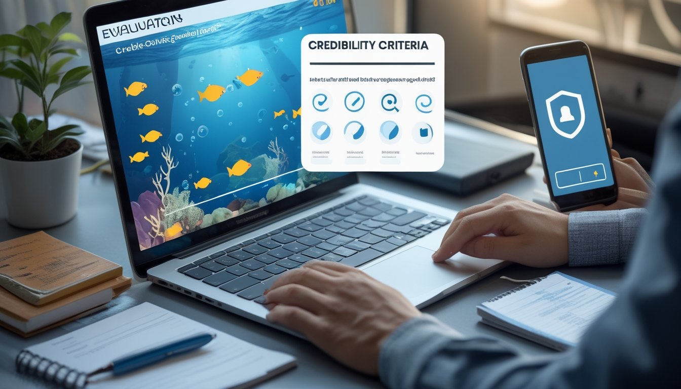 Seseorang menilai platform permainan tembak ikan digital menggunakan laptop dan daftar periksa di meja kerja yang rapi.