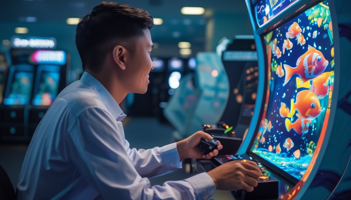 Seorang pemain dewasa memainkan permainan tembak ikan di mesin arcade dengan tampilan ikan tropis berwarna-warni.