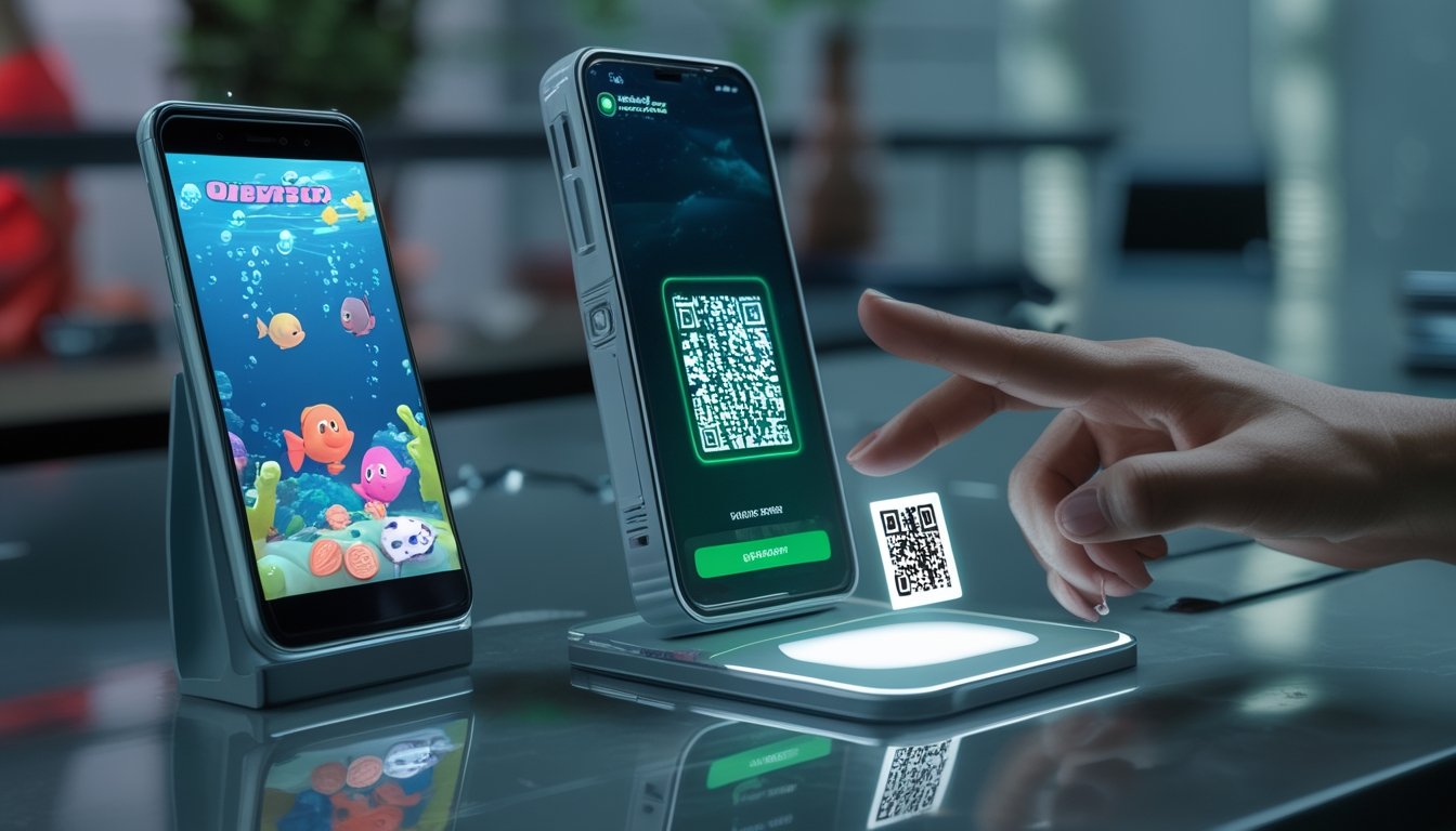 Ponsel menampilkan permainan ikan bawah laut dengan simbol pembayaran digital dan kode QR.