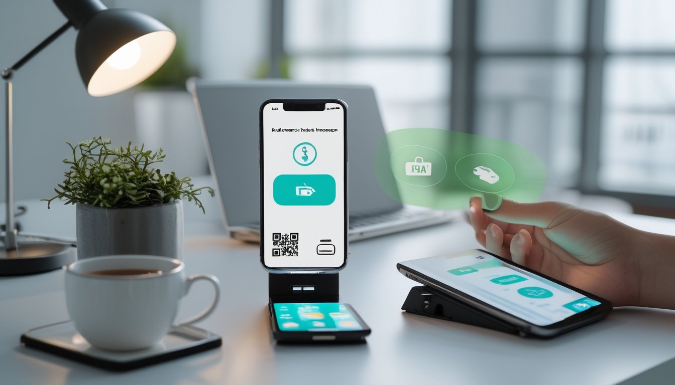 Tangan memegang ponsel dengan tampilan pembayaran digital dan kode QR di atas meja kerja.