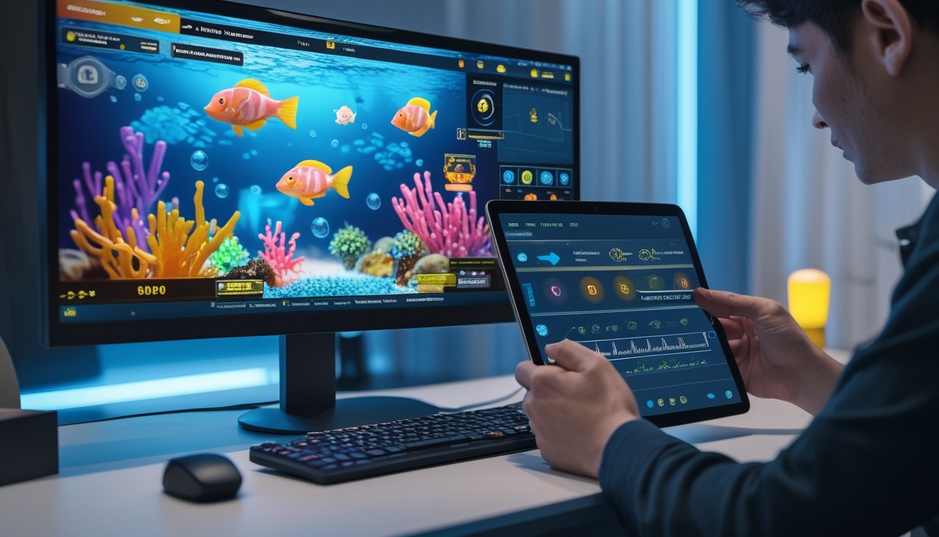 Tangan seseorang membandingkan indikator platform permainan tembak ikan di samping monitor yang menampilkan suasana bawah laut.