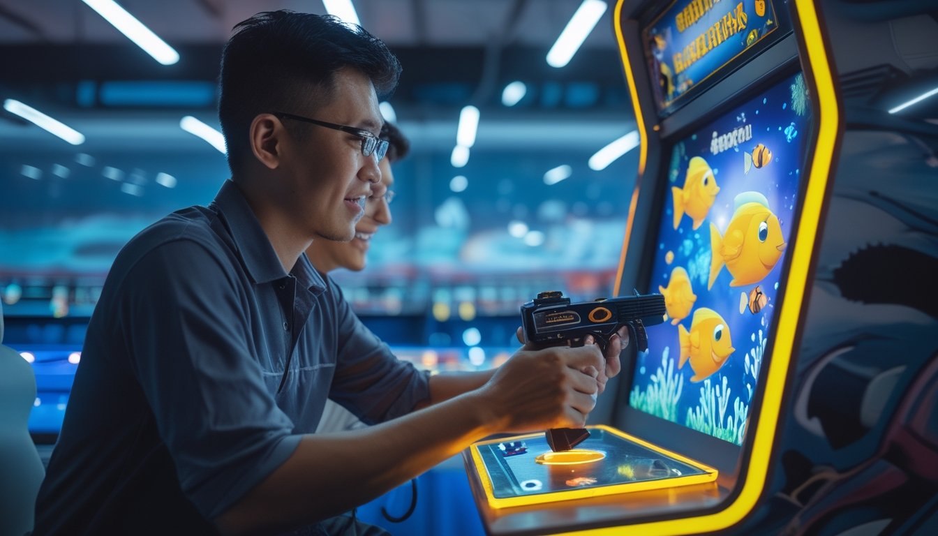 Seorang pemula memainkan permainan tembak ikan di mesin arcade dengan didampingi seorang teman.