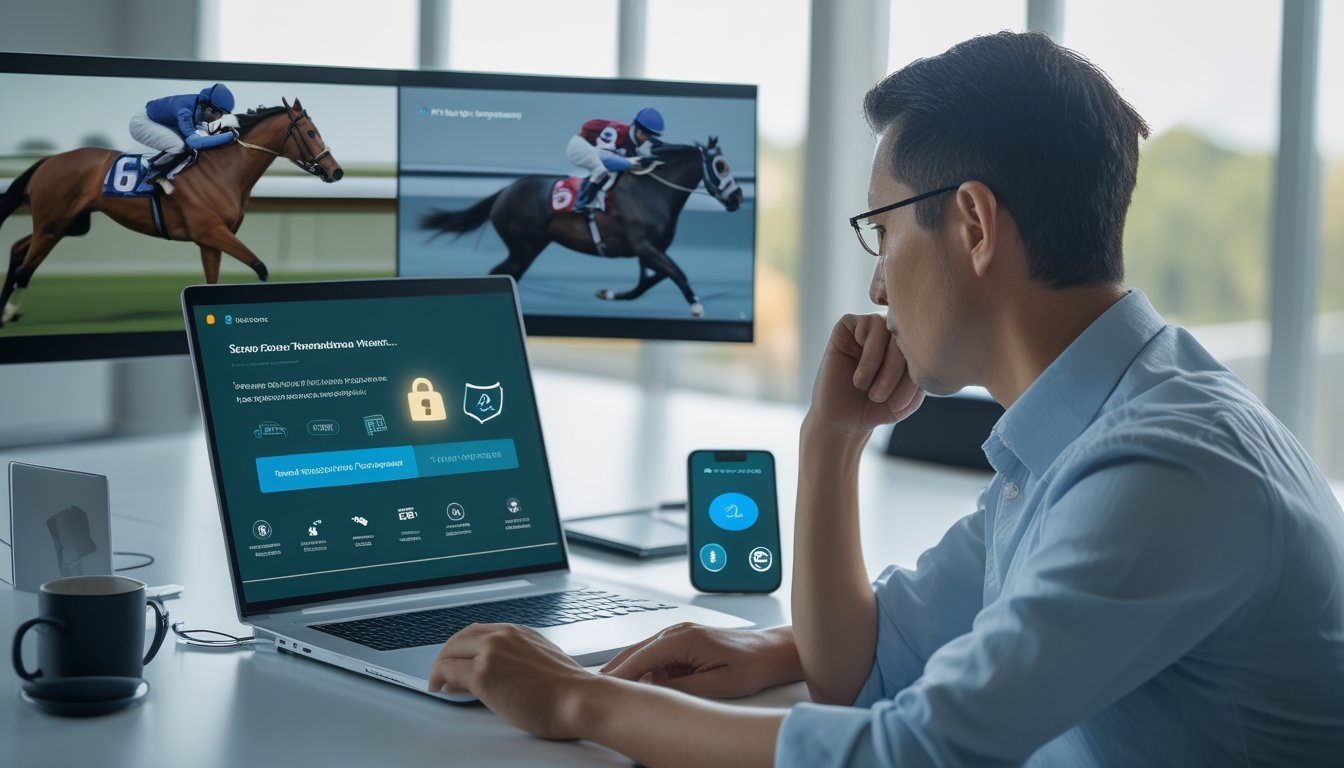 Seseorang memeriksa transaksi digital yang aman melalui laptop dan ponsel dengan latar bertema balap kuda.