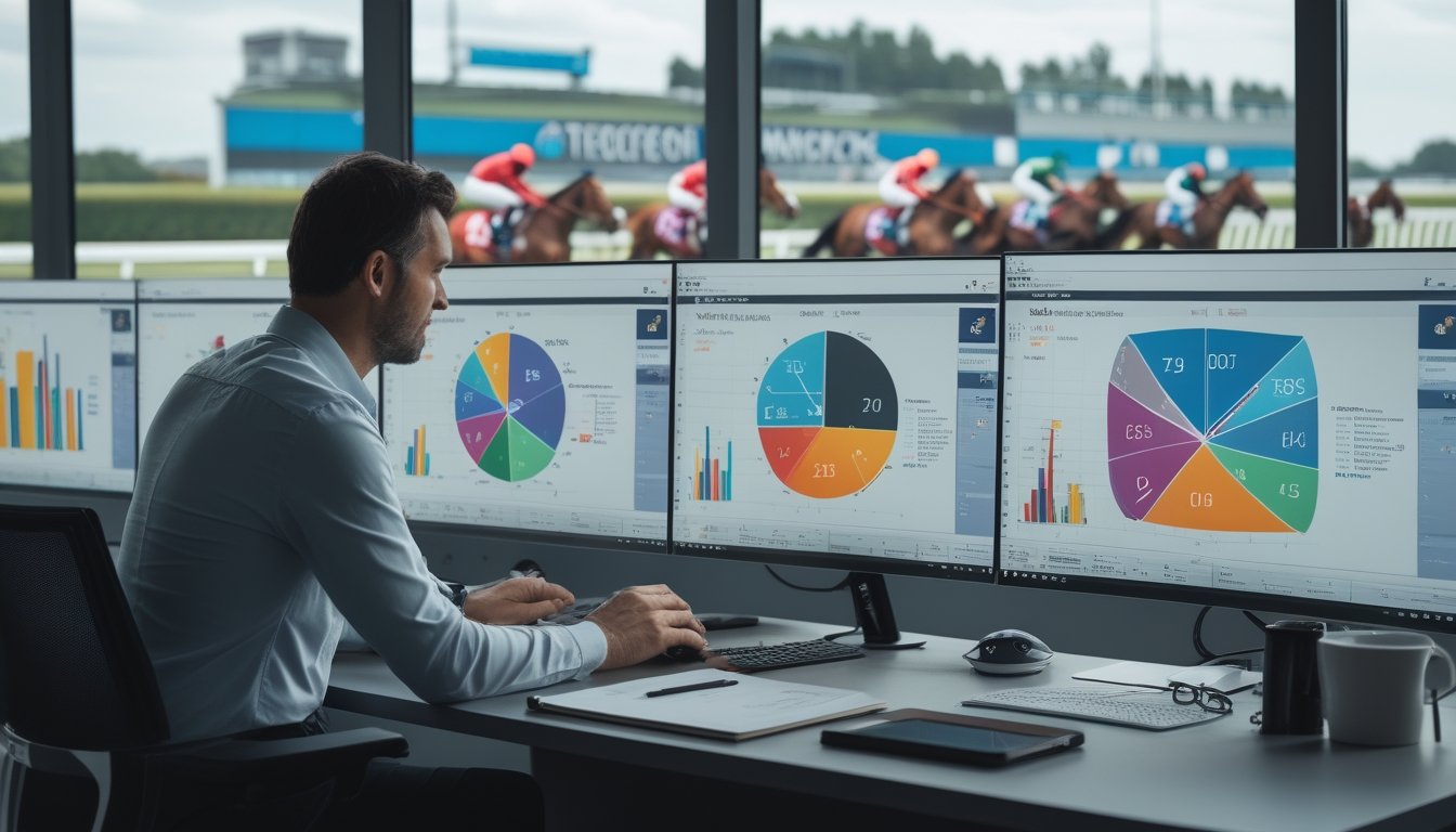 Seorang analis mempelajari data performa kuda pacu di meja kerja dengan layar grafik dan suasana lintasan balap.