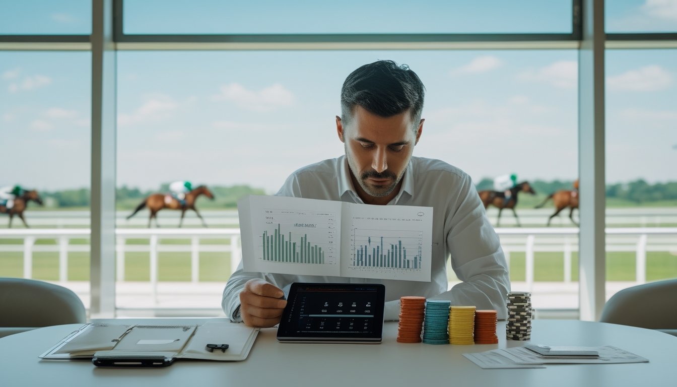 Seorang bettor meninjau anggaran dan statistik pacuan kuda di meja dengan kalkulator, catatan, dan chip taruhan.