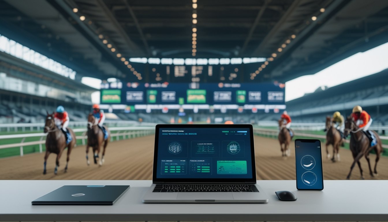 Laptop dan ponsel dengan tampilan antarmuka abstrak di depan arena balap kuda.