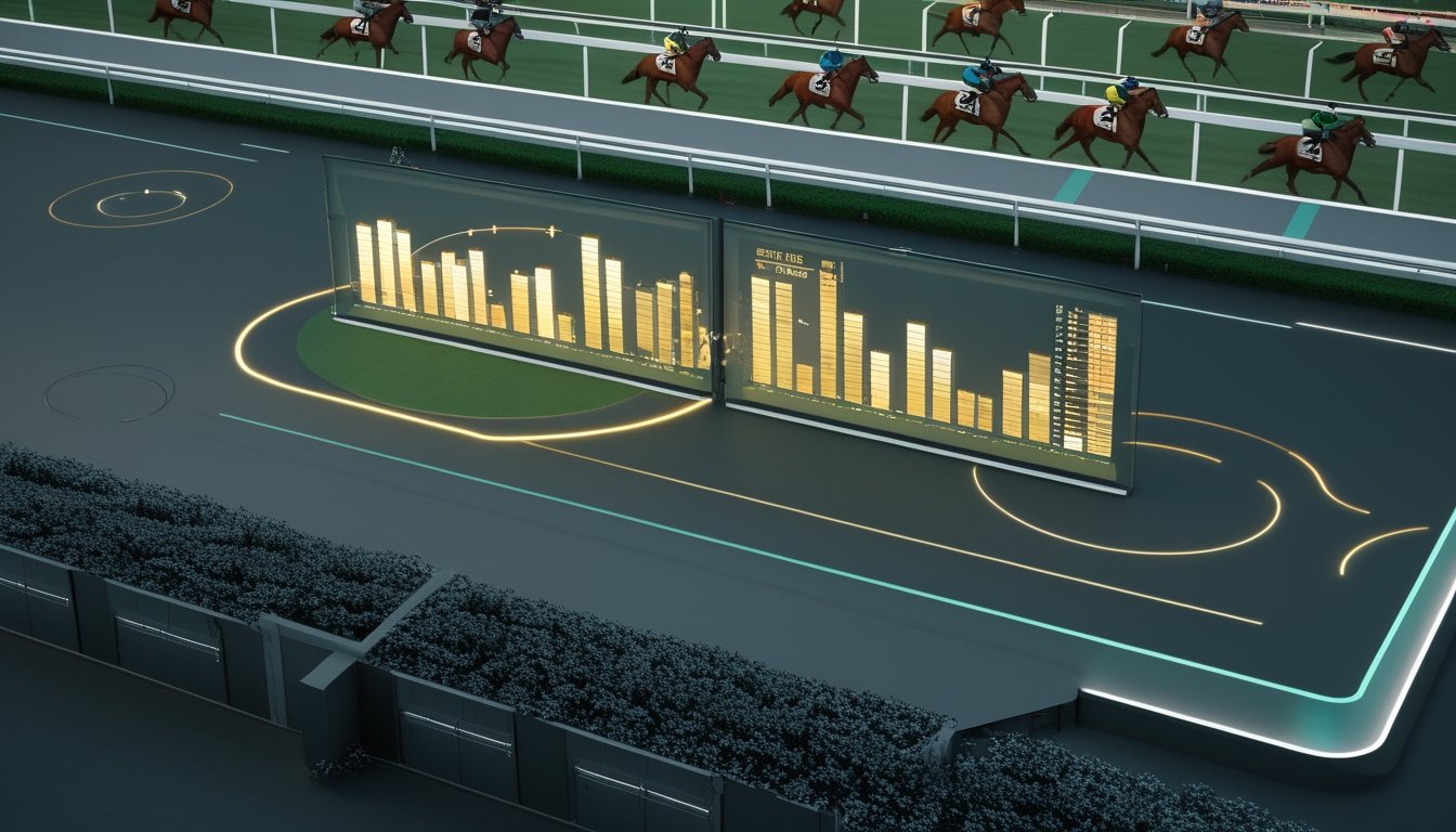 Lintasan pacuan kuda dengan kuda dan joki, serta tampilan digital abstrak yang menggambarkan perhitungan odds dan kumpulan taruhan.