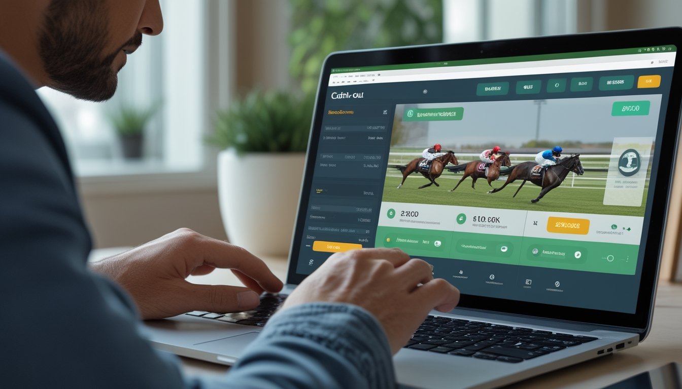 Seseorang meninjau tampilan taruhan balap kuda digital dengan fitur pencairan dana pada laptop.