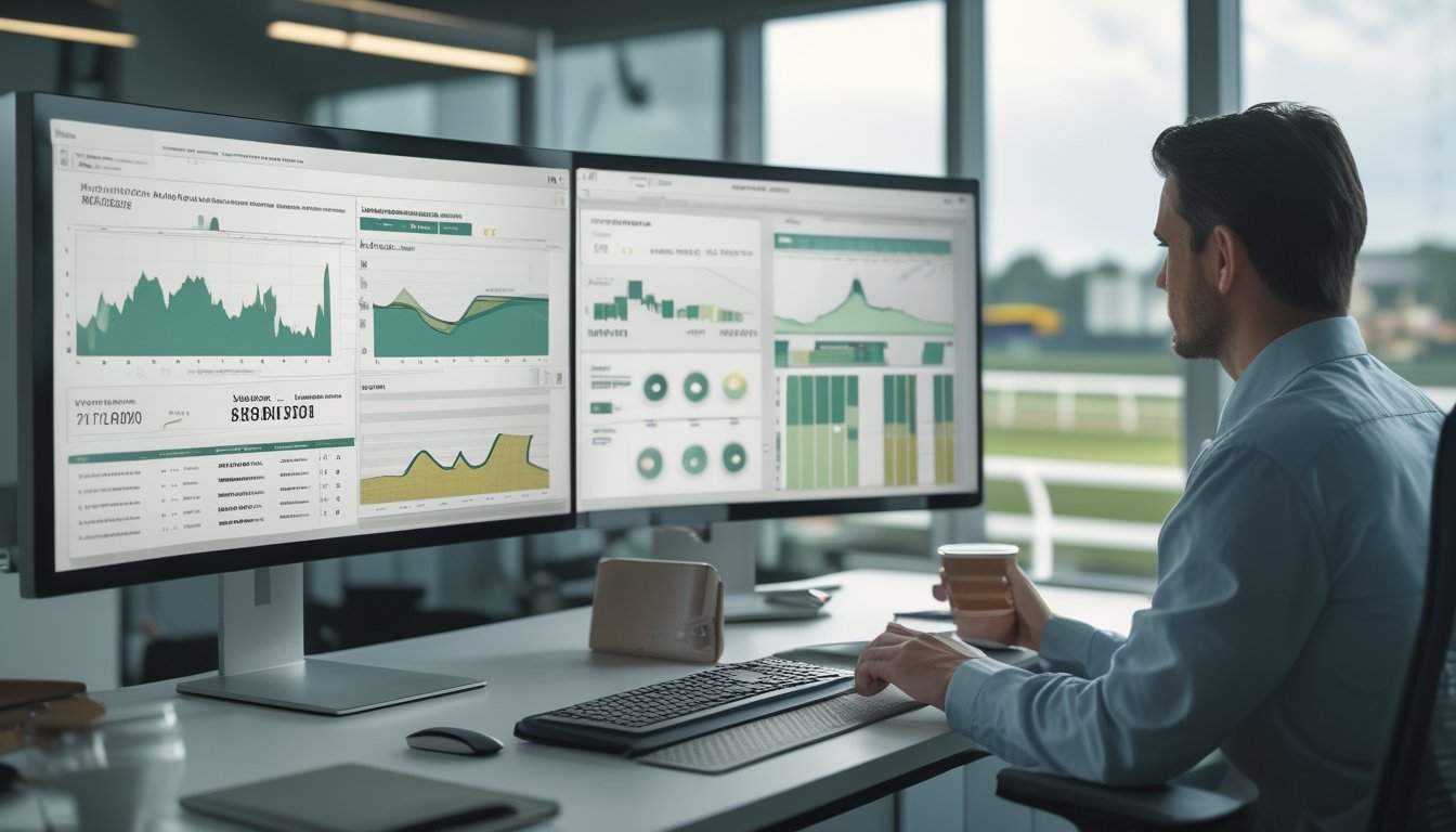 Seorang analis memeriksa grafik data pacuan kuda di depan komputer, dengan lintasan dan kuda terlihat samar di latar belakang.