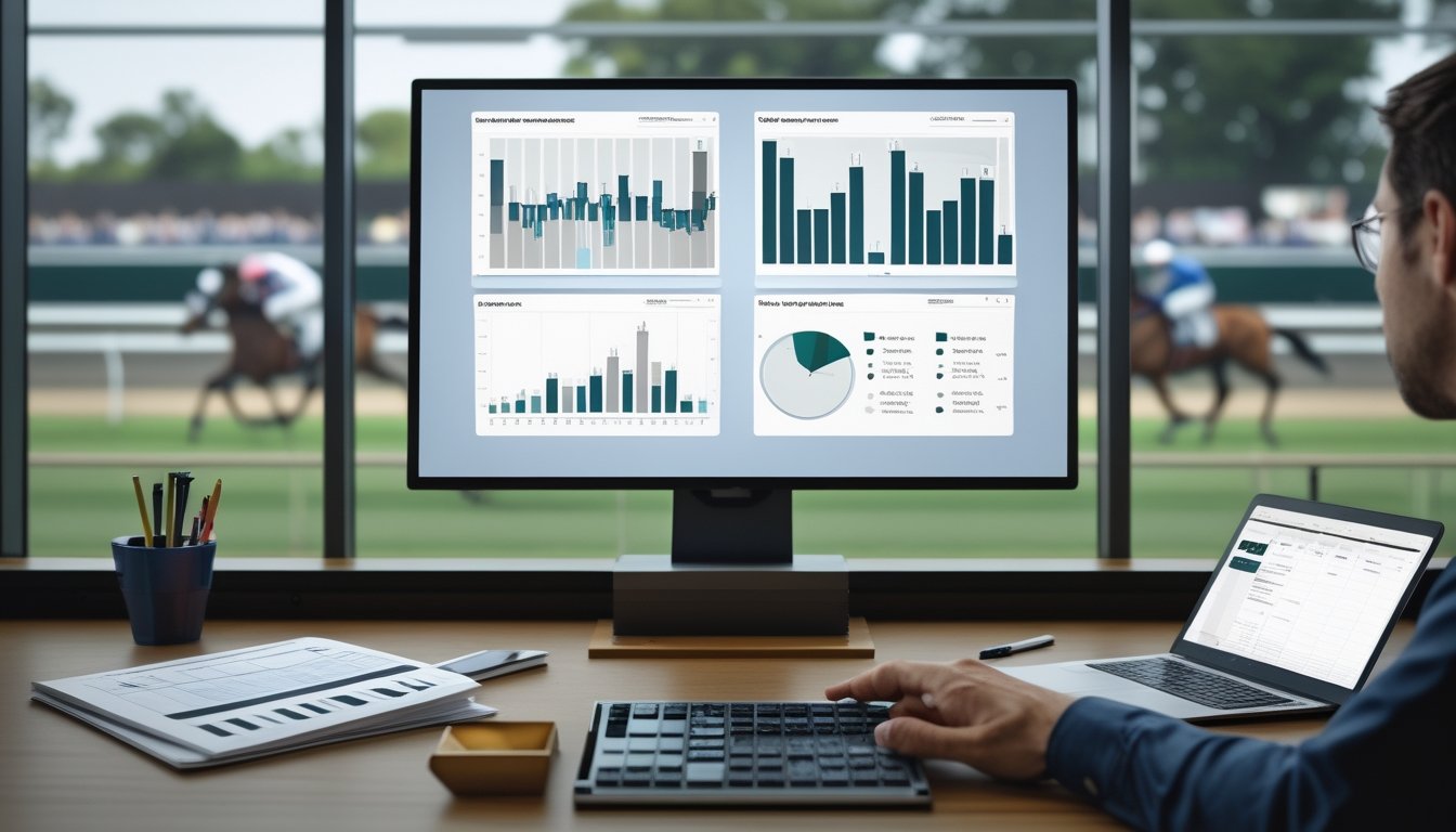 Analis sedang memeriksa grafik statistik dan data perlombaan kuda di meja kerja dengan layar balapan di latar belakang.