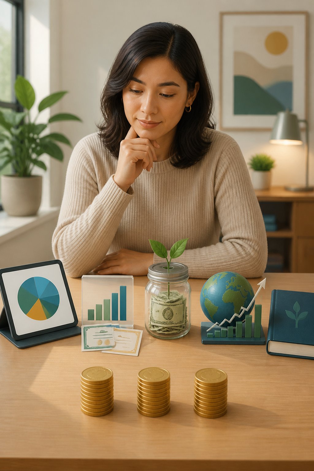 A person compares several modest investment options at a desk beside savings and small growth symbols.