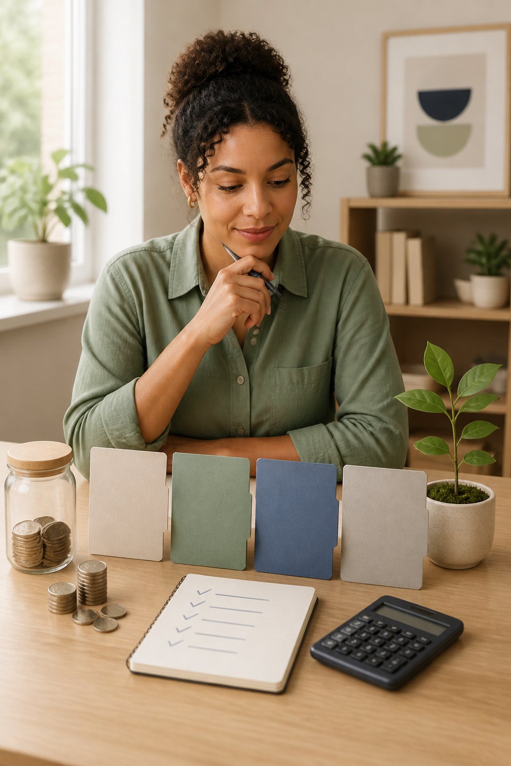 A person organizes coins, a savings jar, and blank account cards at a desk while considering investment options.