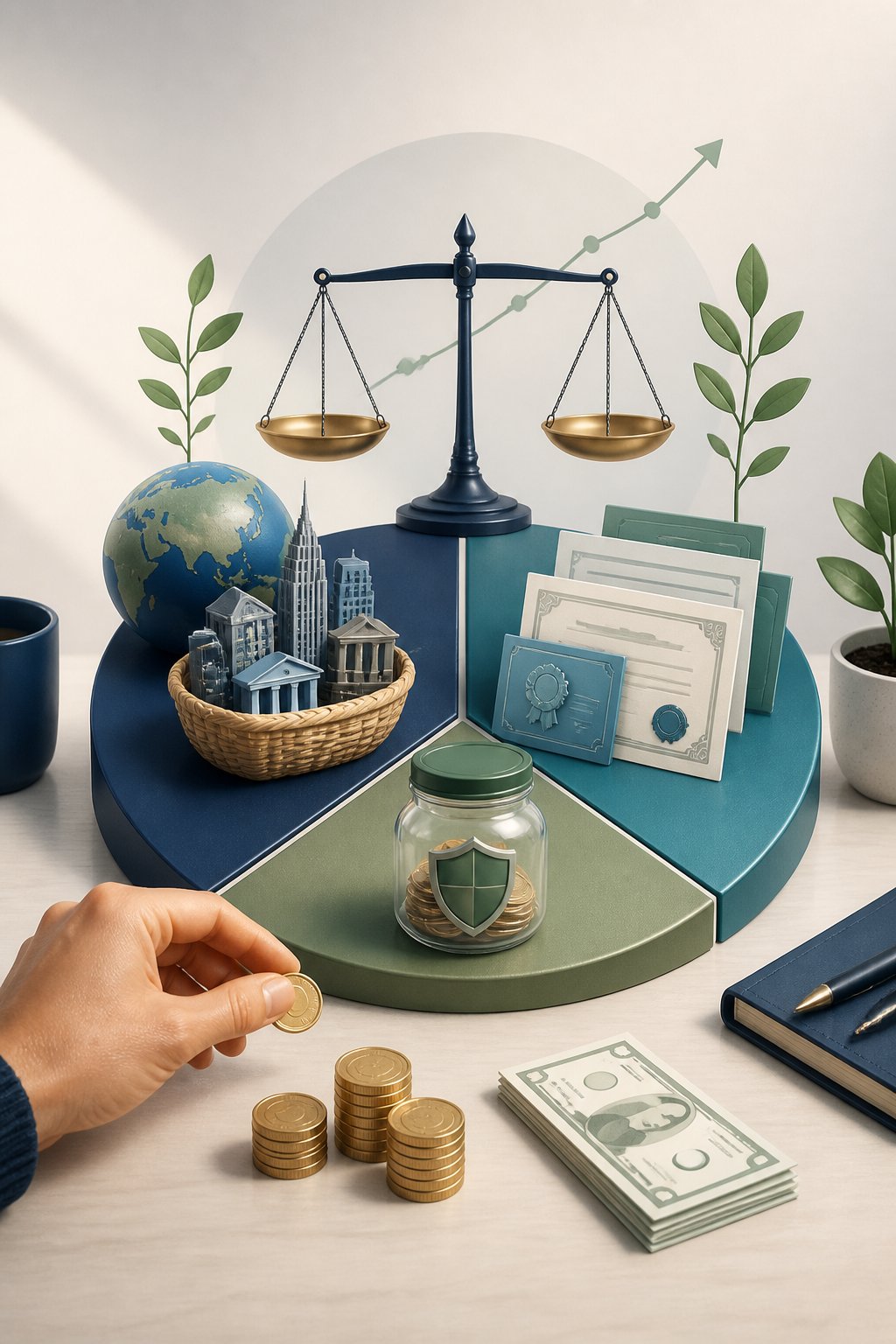 A small amount of money is divided among several balanced investment and savings containers to represent a diversified portfolio.