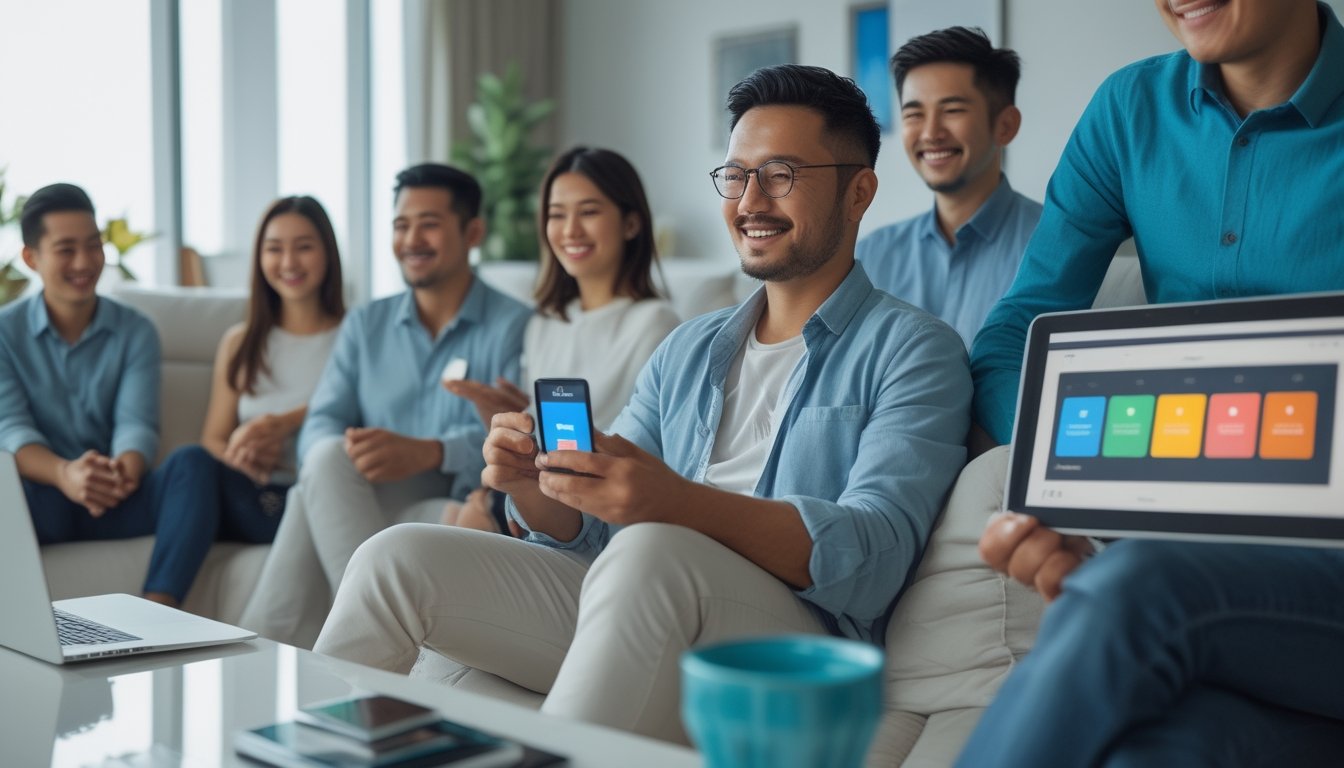Sekelompok orang dewasa menikmati hiburan digital bersama di ruang keluarga modern.