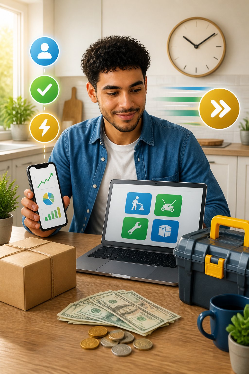 A focused person organizes practical ways to earn money at a kitchen table with a phone, laptop, delivery package, tools, and cash.