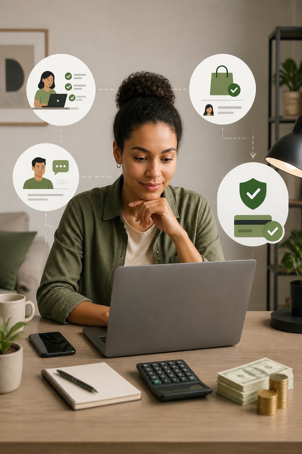 A person compares legitimate online earning options at a home workspace with a laptop, phone, calculator, and modest payment.