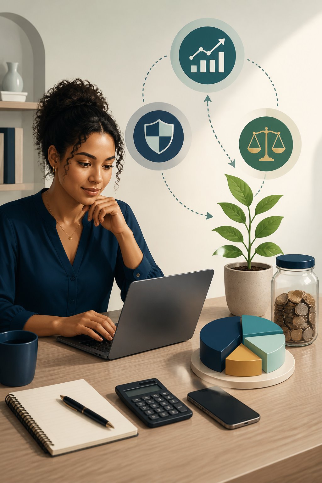 A person reviews an investment plan surrounded by symbols of saving, diversification, security, and long-term growth.