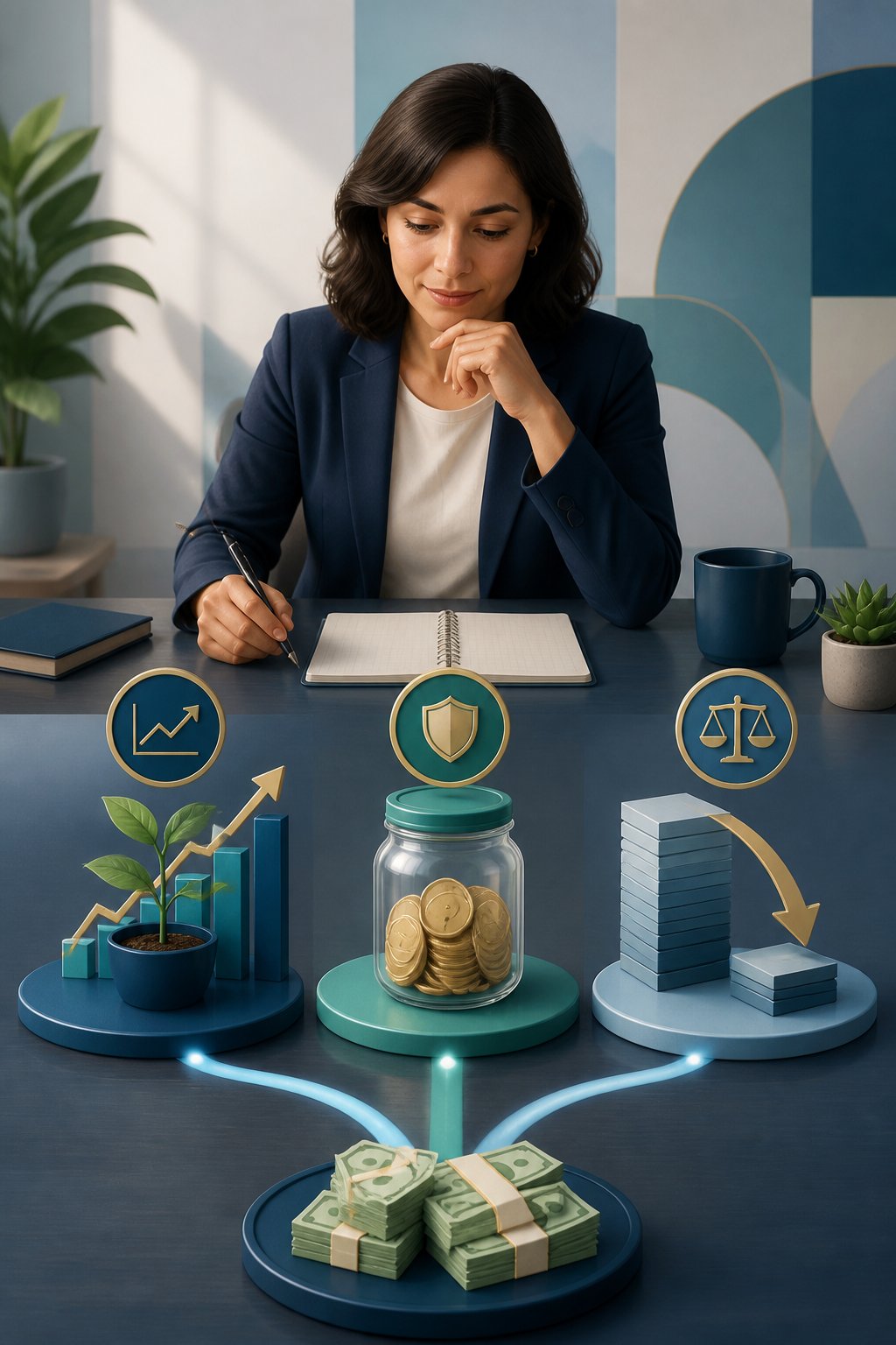 A person considers three financial choices: investing, saving money, or paying down debt.