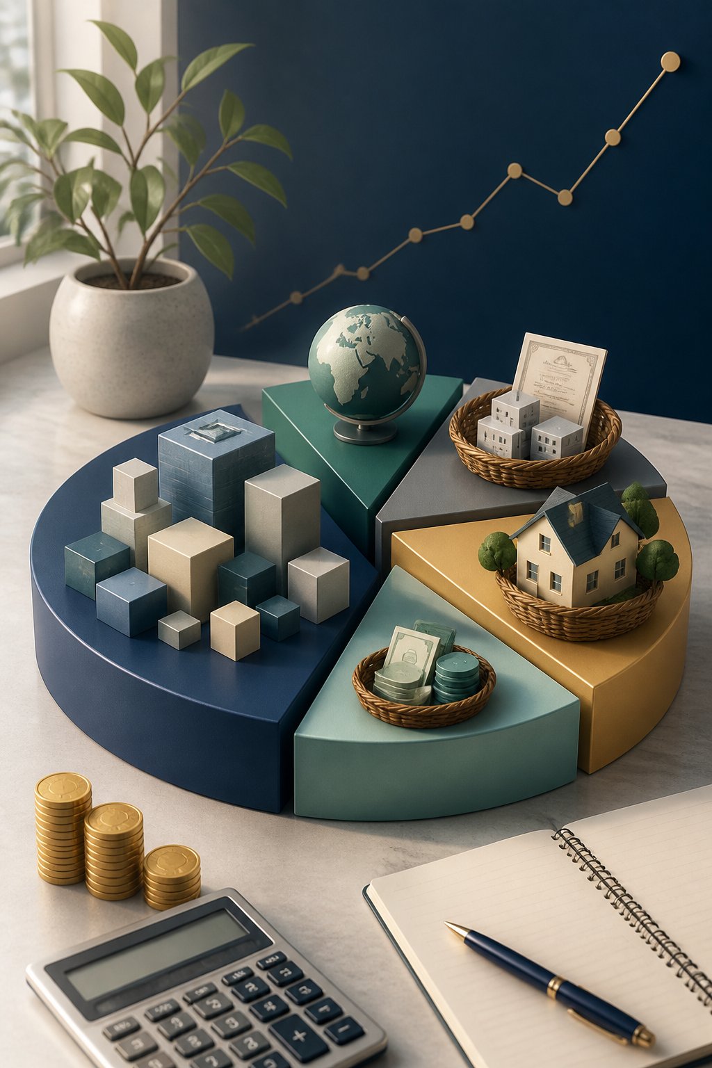 A balanced investment portfolio arranged on a desk with diversified assets, coins, and a gentle upward trend.