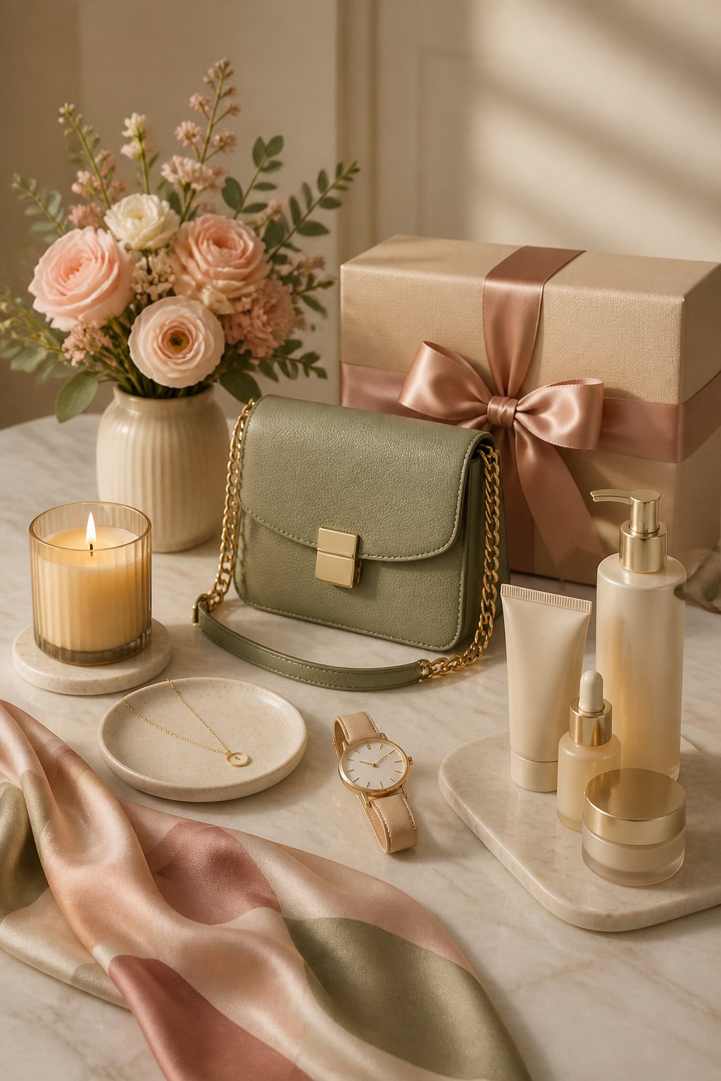 An elegant arrangement of jewelry, accessories, beauty products, flowers, and wrapped gifts on a tabletop.