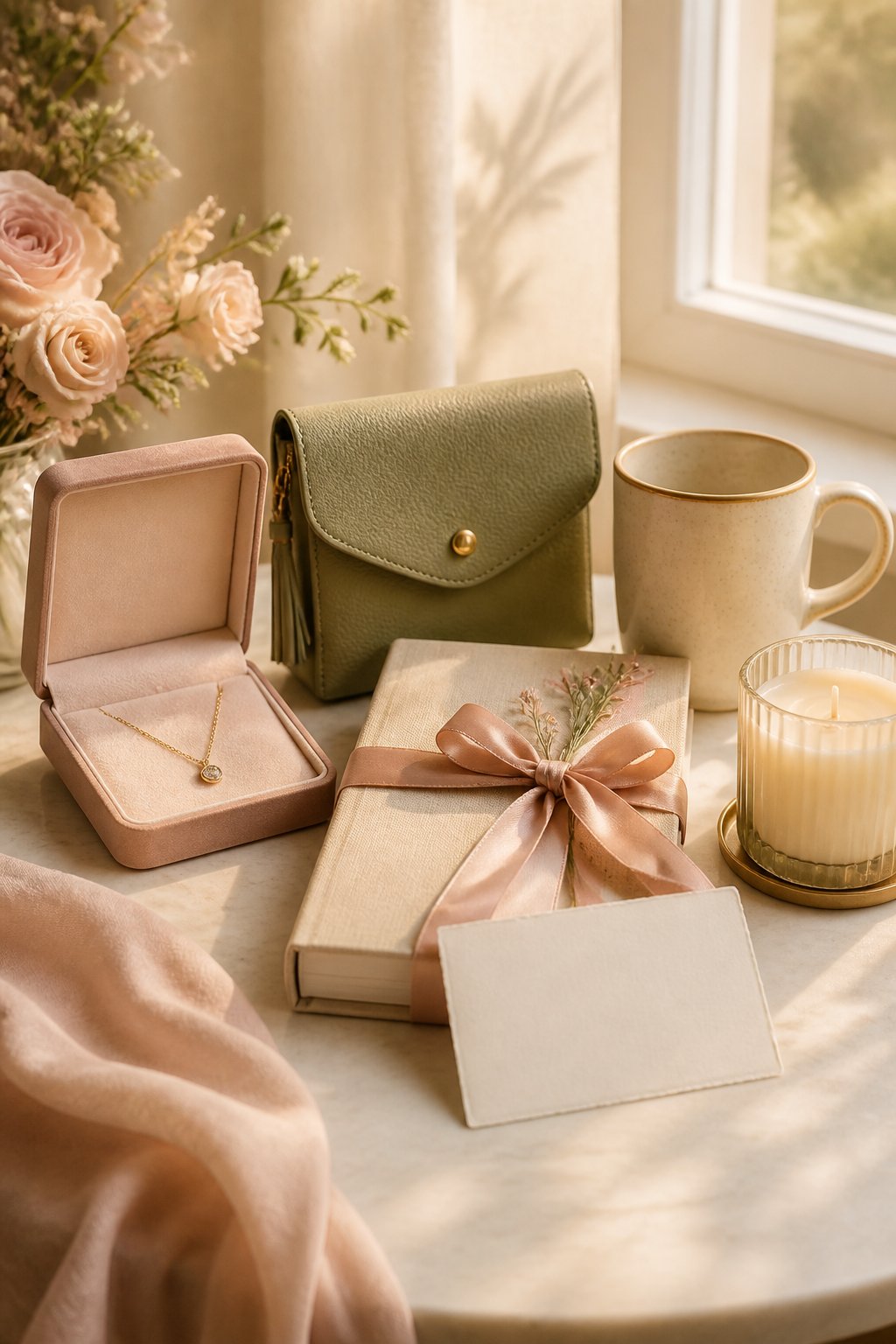 A thoughtfully arranged collection of gifts, including jewelry, a handbag, a book, a candle, and a mug, beside a wrapped present.