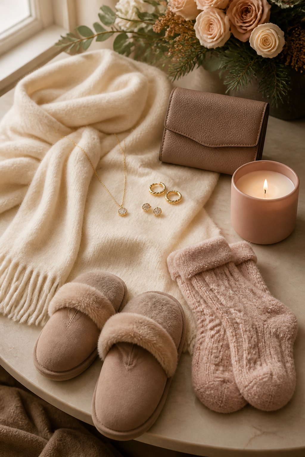 A curated arrangement of women's gifts including a soft scarf, gold jewelry, a handbag, a candle, and cozy slippers on a warm neutral surface.