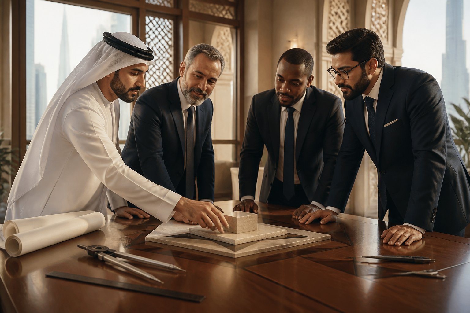 Diverse men in formal attire collaborate around geometric tools in a refined UAE-inspired interior.